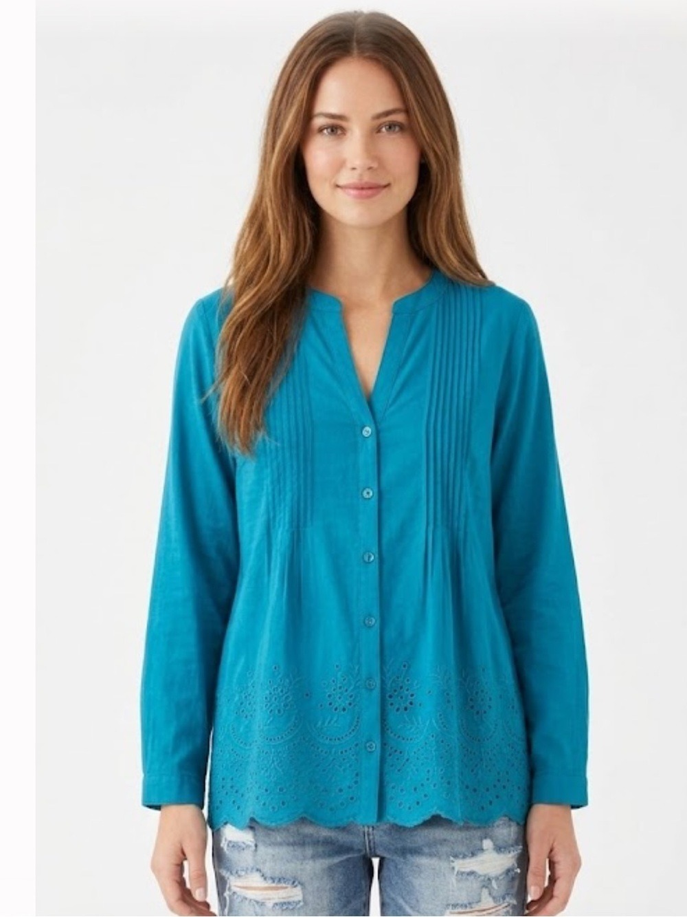 Soft Surroundings Anglaise Turquoise Blue Eyelet Top - Size Medium